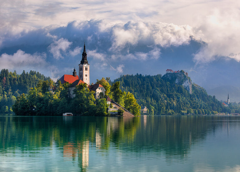 Church on an island in the middle of the lake.