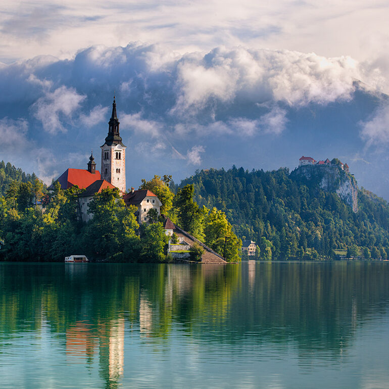 Church on an island in the middle of the lake.