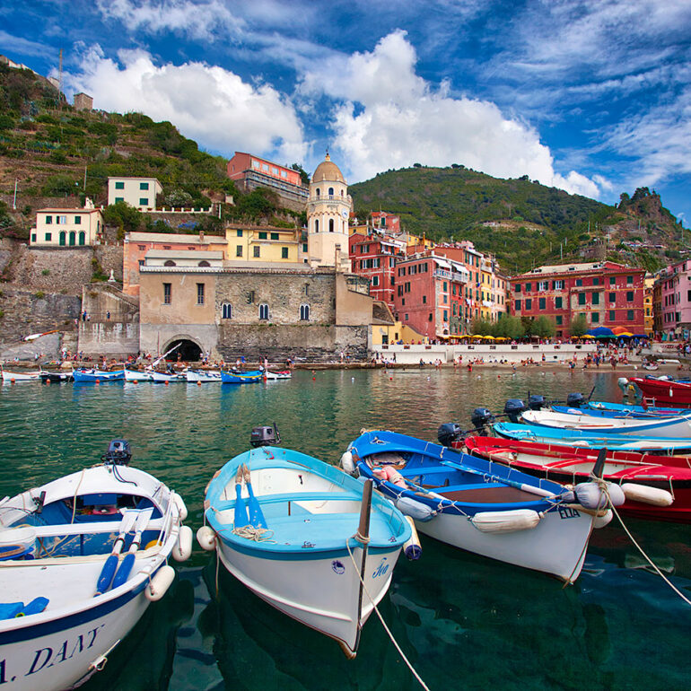 Colorful boats in a picturesque harbor.