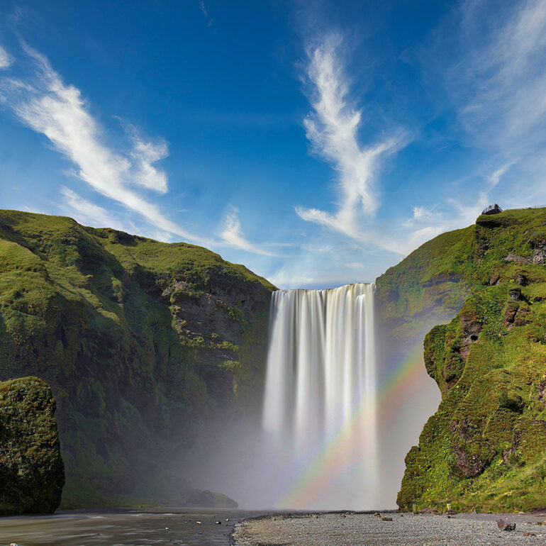 Waterfall with a rainbow.