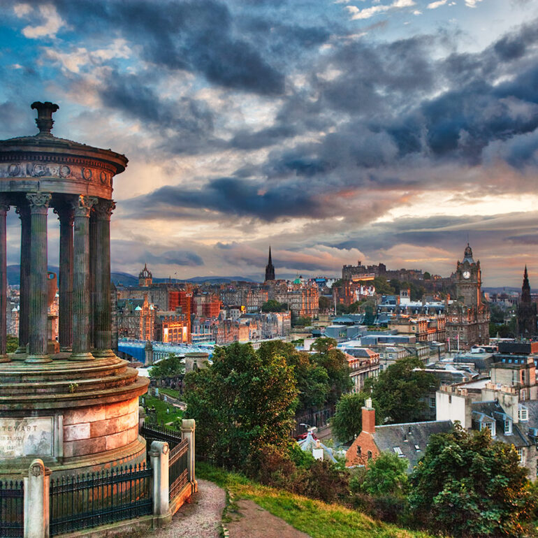 The view of Edinburgh from atop Calton hill at sunset.
