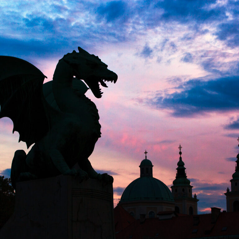 Dragon statue at sunset.