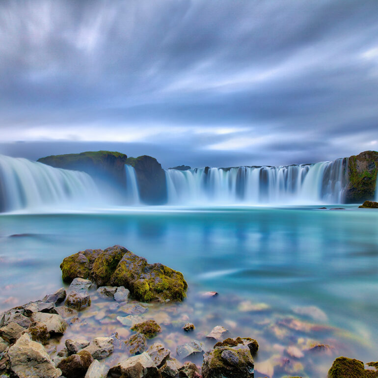 Looking into Godafoss waterfall from below.