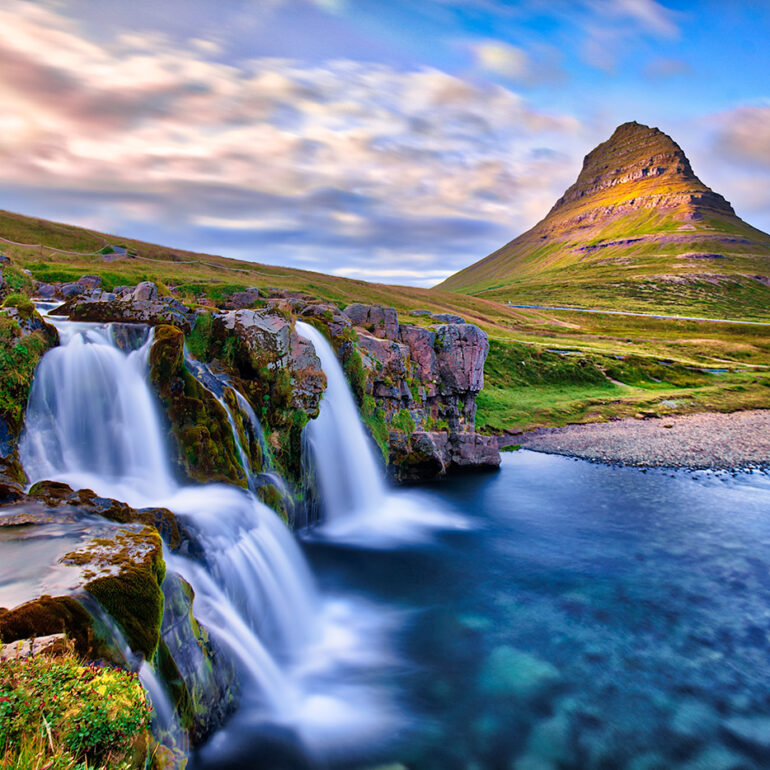 Sunset over Kirkjufellsfoss, Iceland.