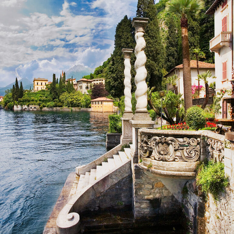 Stairs leading into Lake Como, Italy.