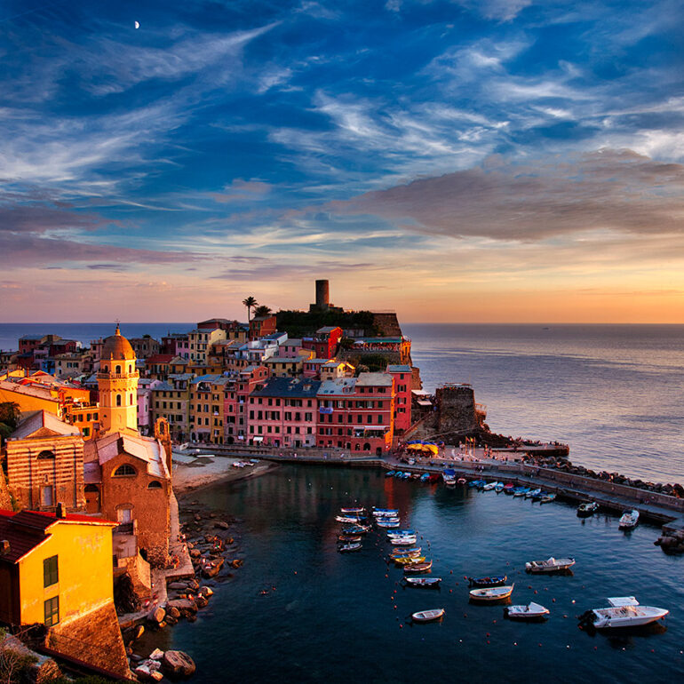 Sunset over the harbor of Vernazza.