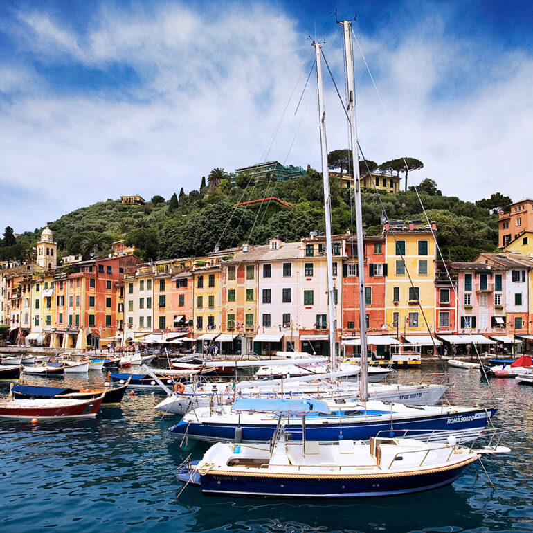 Boats lined up in the harbor of Portofino.