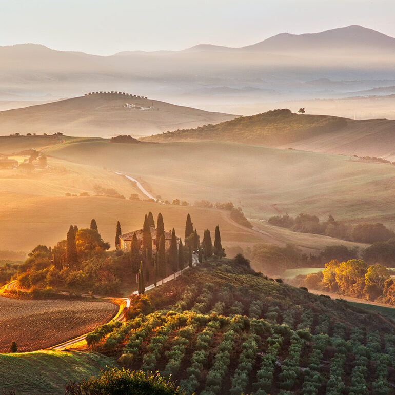Mist covered valley at sunrise.