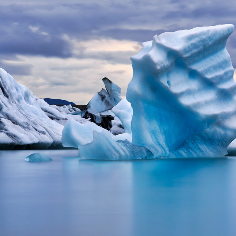 Icebergs floating in a calm lagoon.