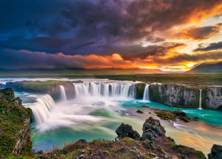 Godafoss waterfall at sunset.