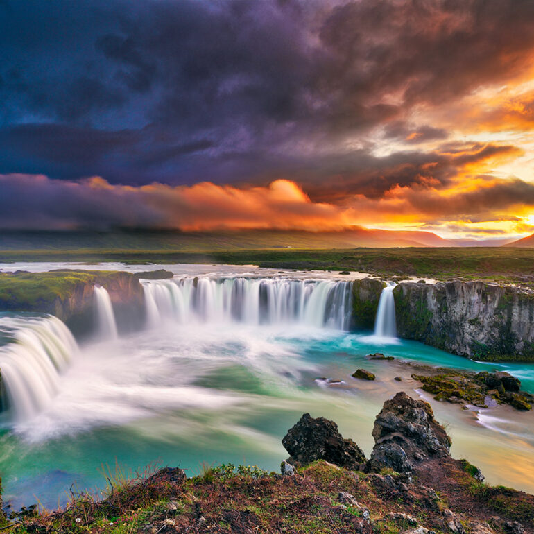Godafoss waterfall at sunset.